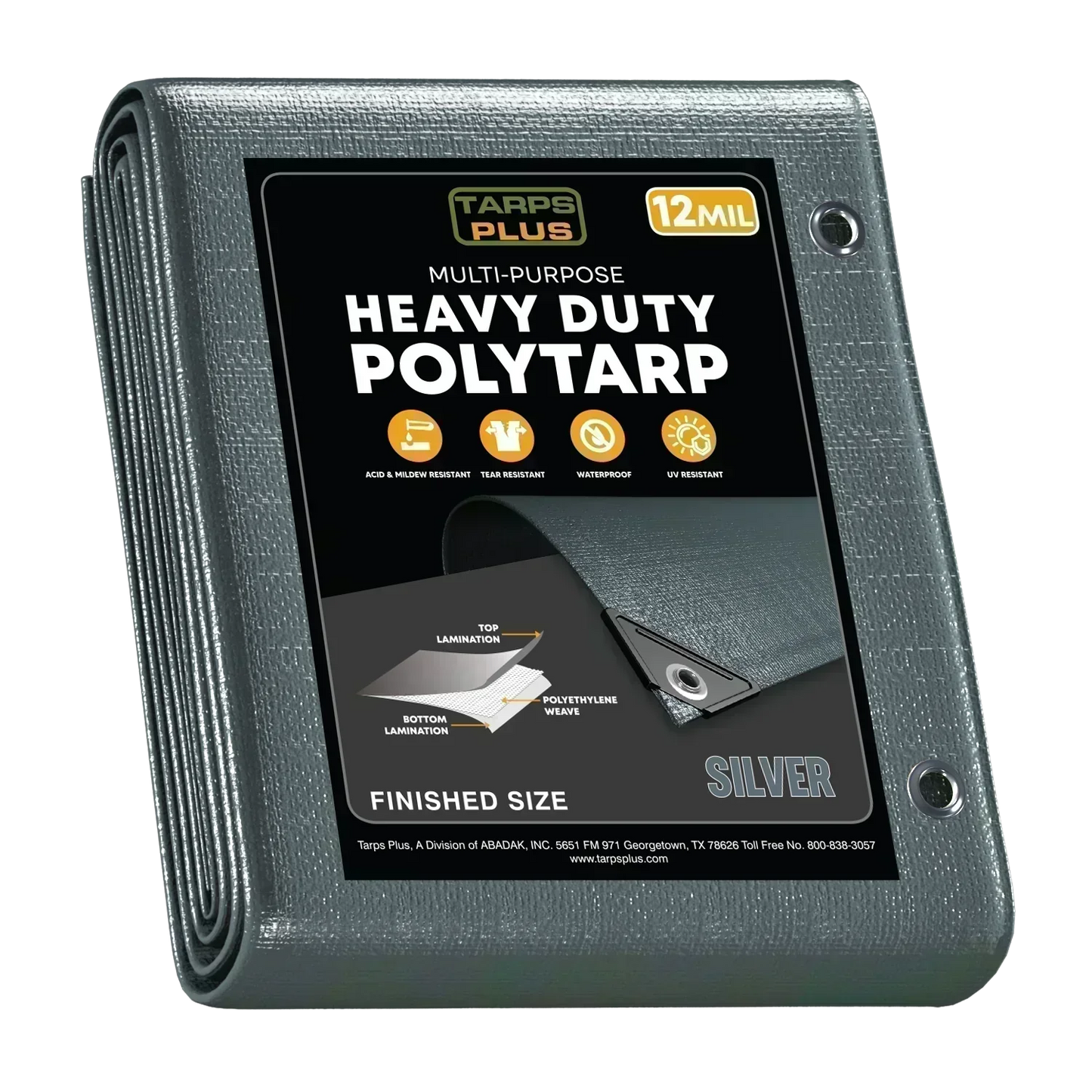 silver 50' x 100' poly tarp shielding long industrial yard
