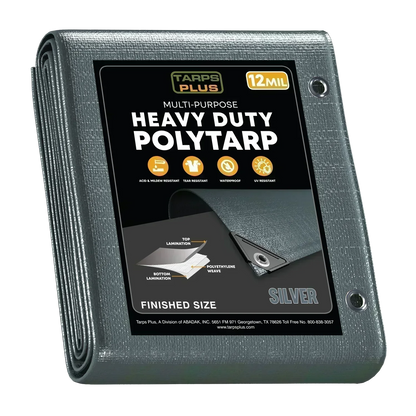 silver 7' x 10' poly tarp protecting outdoor tools