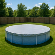 Silver round pool tarp 25' serving as a circular pool shield for off season coverage