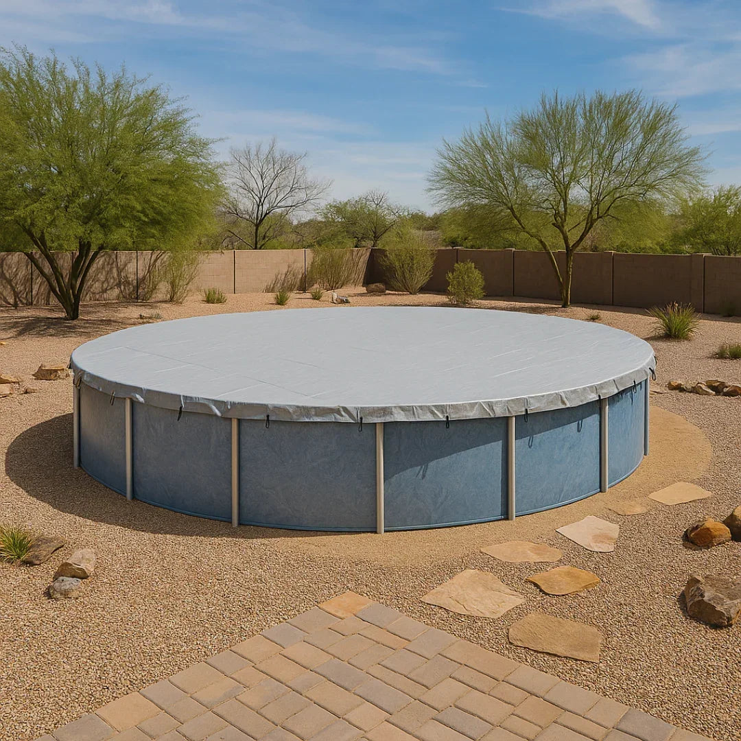 Silver round pool tarp 31' functioning as a weather guard cover for large round pools