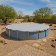 Silver round pool tarp 31' functioning as a weather guard cover for large round pools