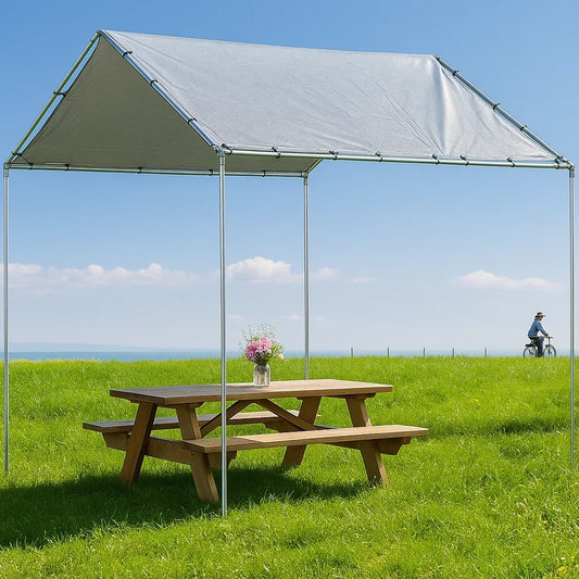 Silver 10' x 10' tarp canopy installed on a frame mounted roof structure