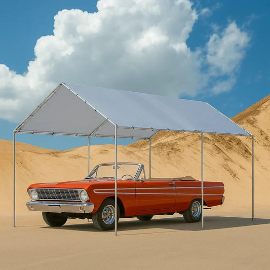 Silver 10' x 16' tarp canopy offering weather resistant coverage