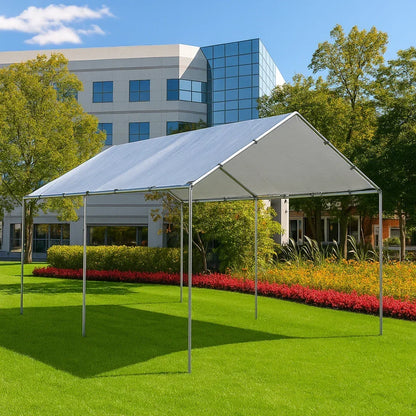Silver 10' x 16' tarp canopy offering weather resistant coverages