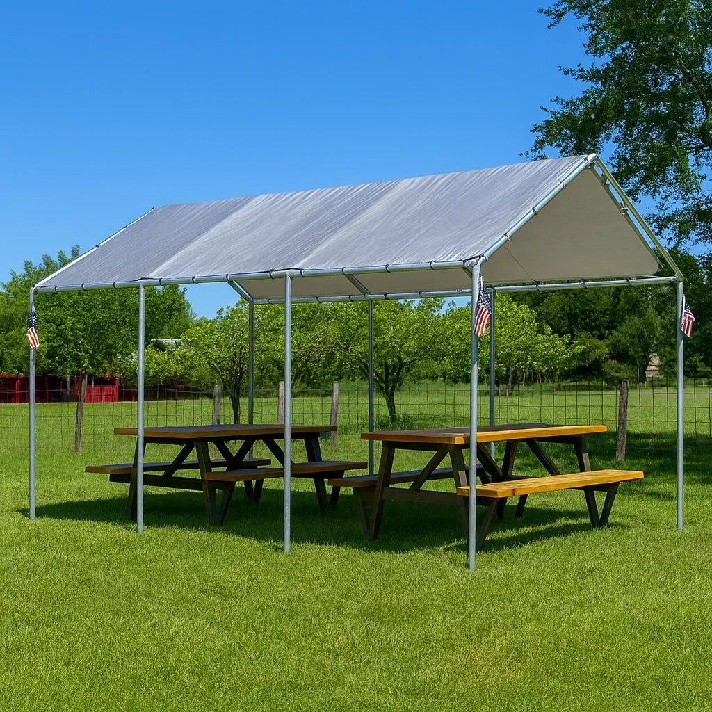 Silver 12' x 20' tarp canopy installed on a frame shelter system