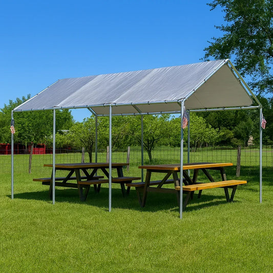 Silver 12' x 20' tarp canopy installed on a frame shelter system