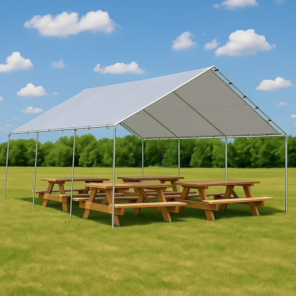 Silver 18' x 20' tarp canopy creating a spacious outdoor shelter