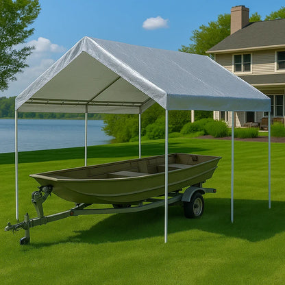 Silver 10' x 16' valance tarp creating shade for outdoor equipment storage