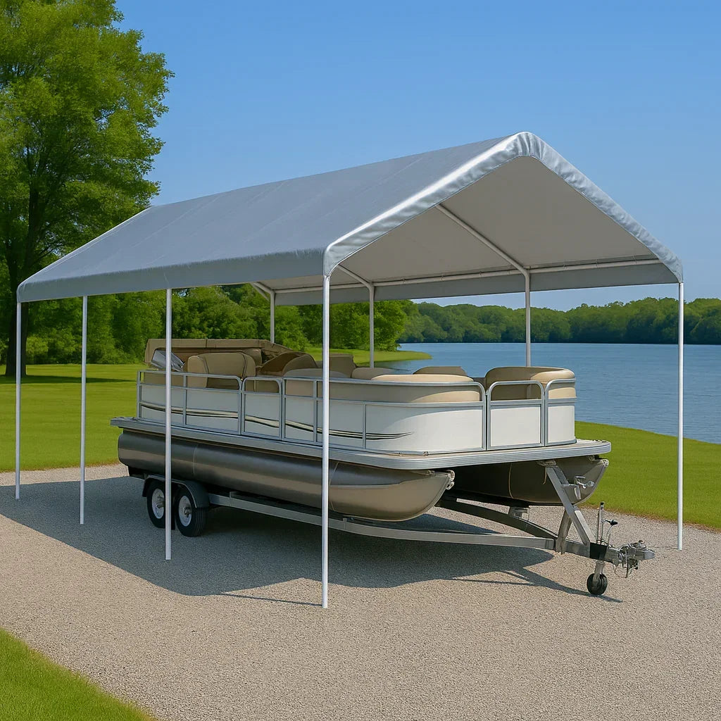 Silver 10' x 20' valance tarp used for commercial event shelter coverage