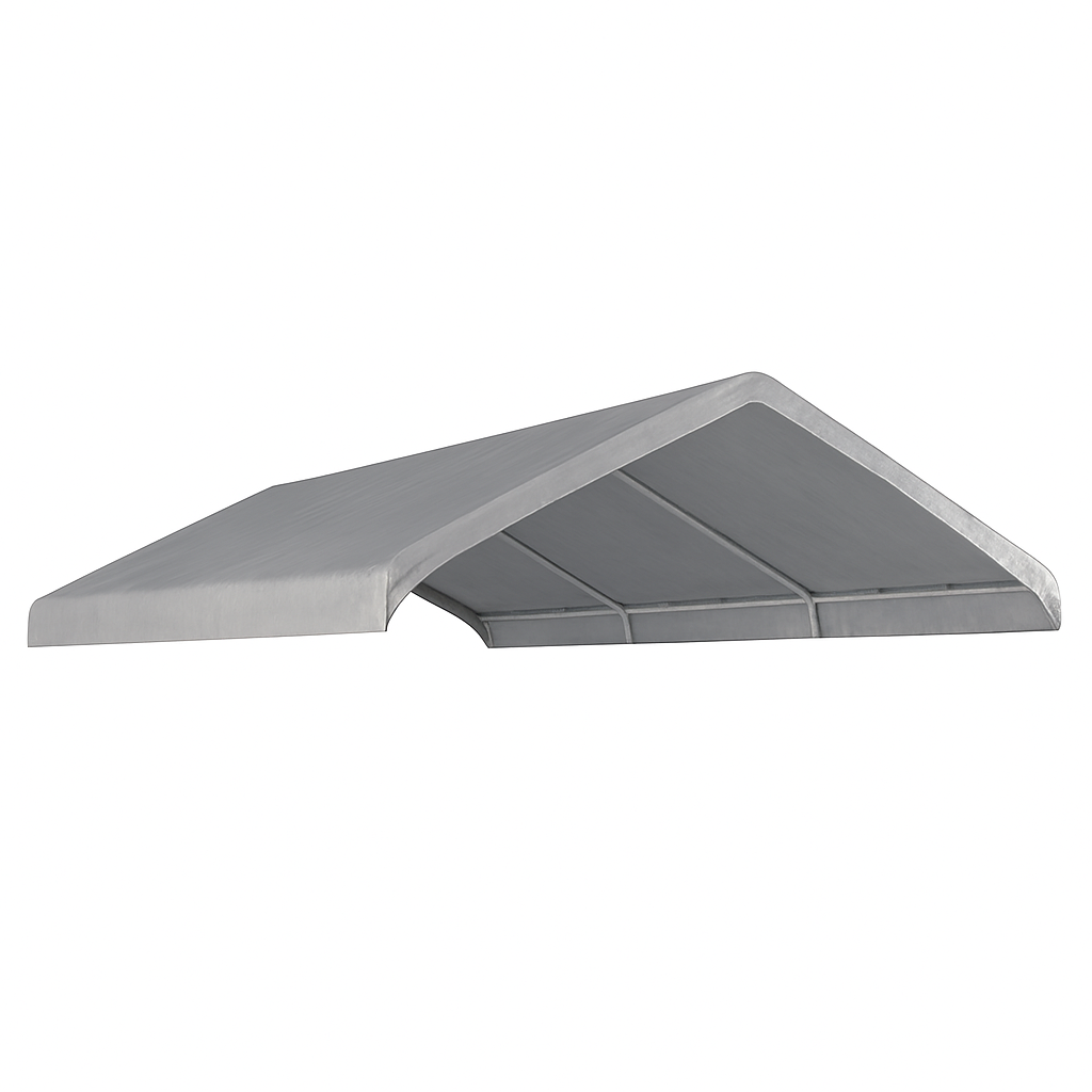 Silver 12' x 20' valance tarp serving as a commercial canopy roof