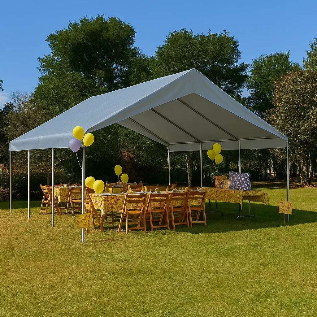 Silver 18' x 20' valance tarp providing large outdoor shade coverage