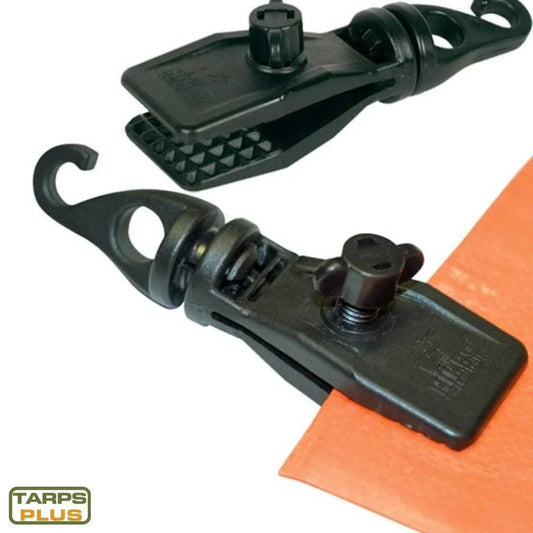 Swivel tarp clip 4 pack attached to tarp material for secure edge fastening