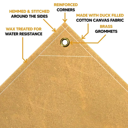 Tan 10' x 12' canvas tarp with strong corner reinforcement and rugged fabric construction
