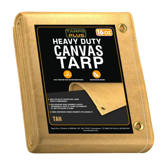 Tan 20' x 40' canvas tarp folded for compact storage and outdoor utility tasks