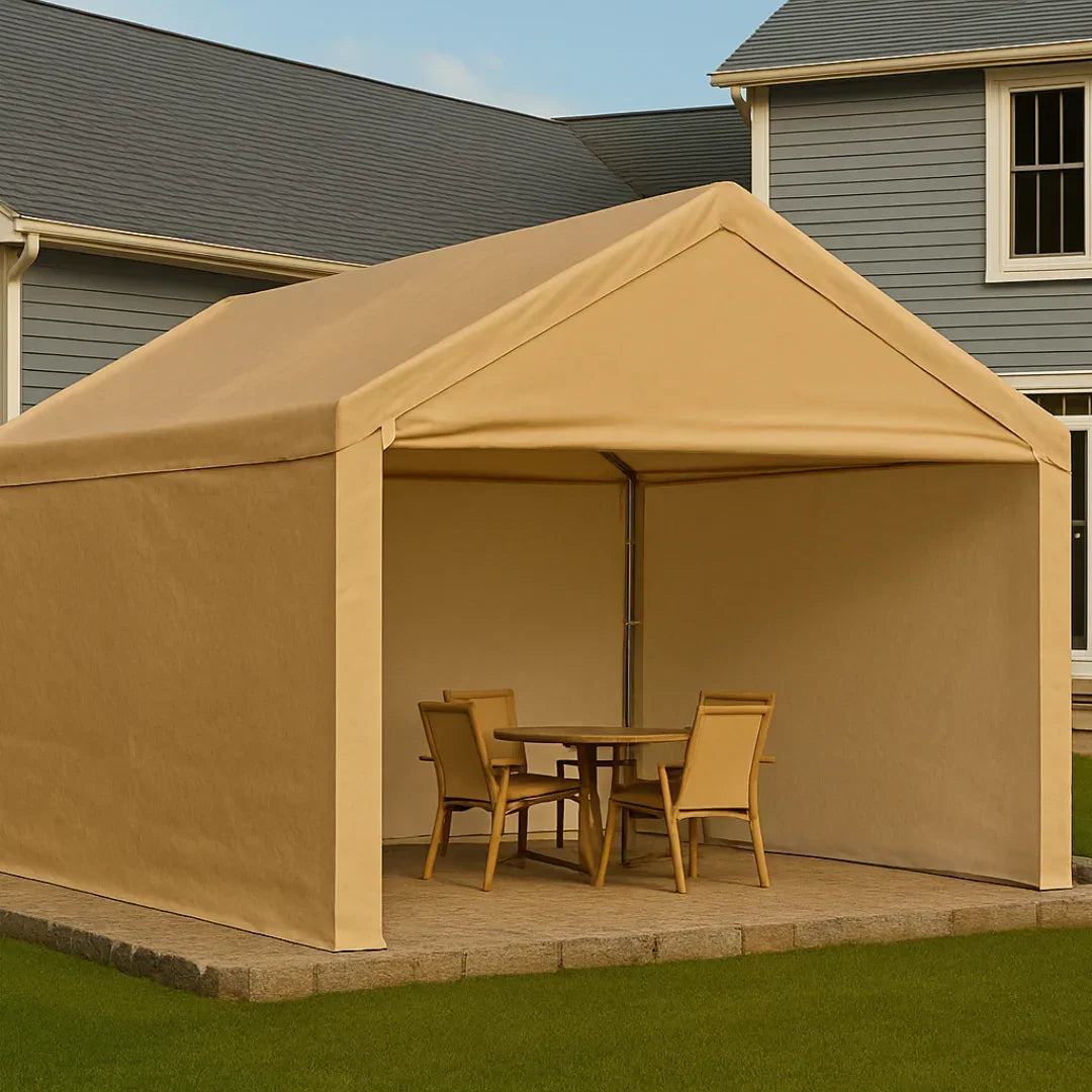 Silver 10' x 10' enclosed tarp canopy creating a weather protected enclosure