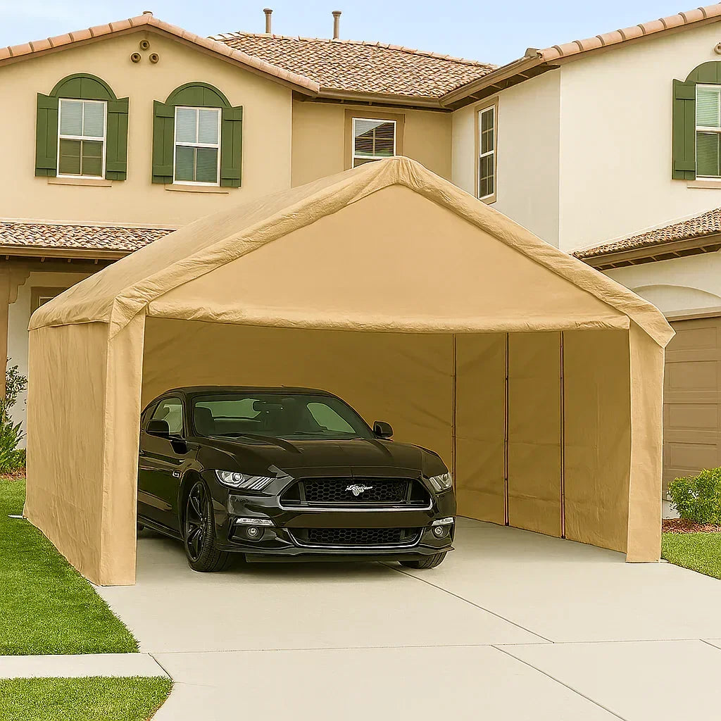 Tan 18' x 20' enclosed tarp canopy forming a full coverage outdoor room