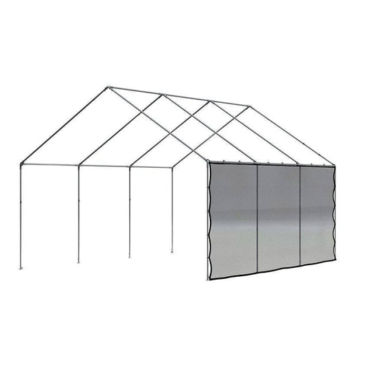 Tan 6' x 20' mesh side wall creating long span shade coverage
