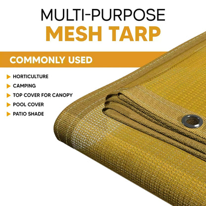 Tan 6' x 8' mesh tarp designed for airflow, shade, and debris control