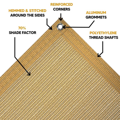 Tan 8' x 20' mesh tarp showing reinforced corner grommet support