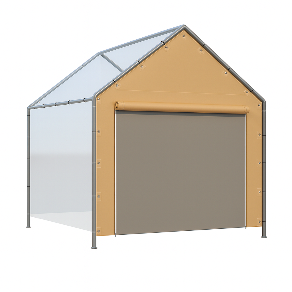Tan 10' peak end wall with zipper providing a gable entry cover