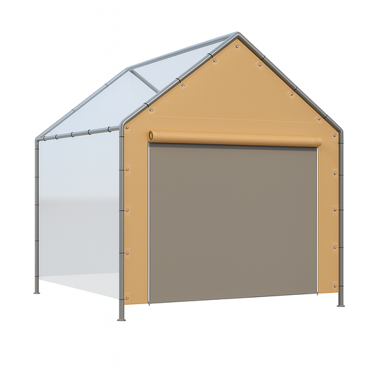 Tan 12' peak end wall with zipper providing a roll up entry panel
