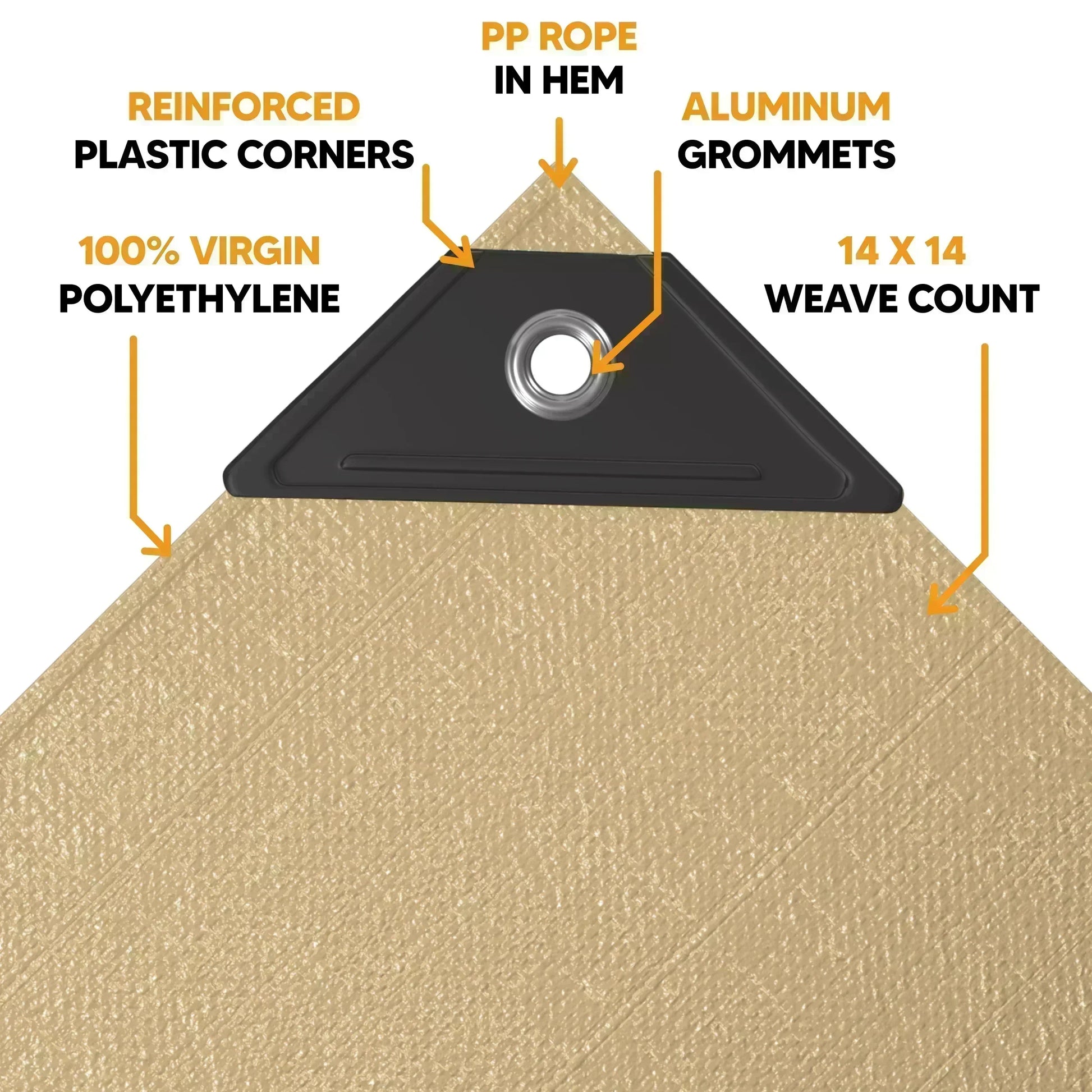 Tan 16' x 24' tarp featuring reinforced anchor panel and secure fastening construction