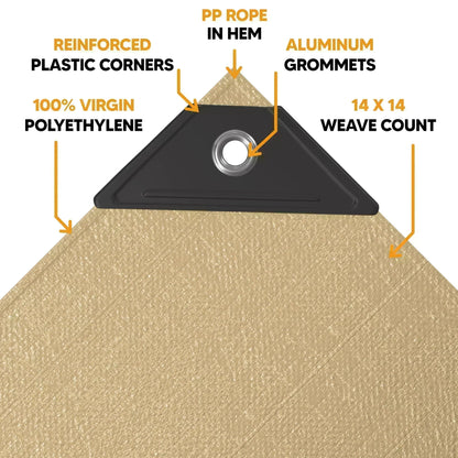 Tan 5' x 7' heavy duty tarp built for utility weather defense and protection use