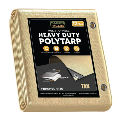 tan 7' x 10' poly tarp shielding patio items in backyard