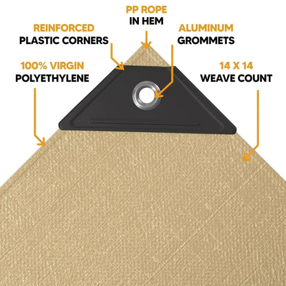 Tan 30' x 40' tarps featuring anchor corner support and reinforced edge construction