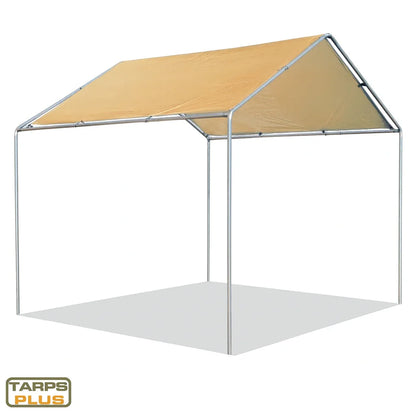 Tan 10' x 10' tarp canopy creating outdoor shade protections