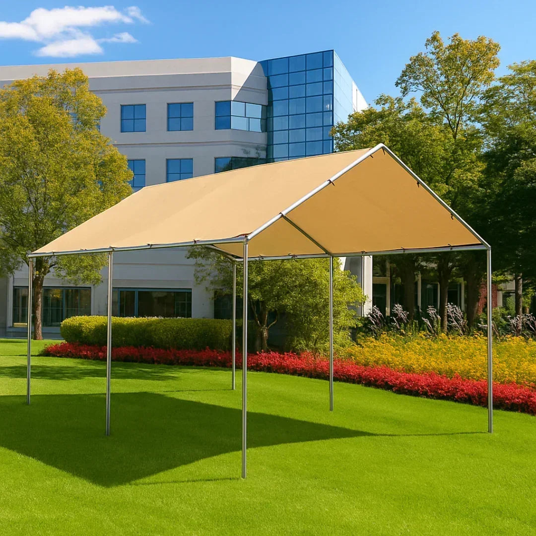 Tan 10' x 16' tarp canopy providing shade for a recreation areas
