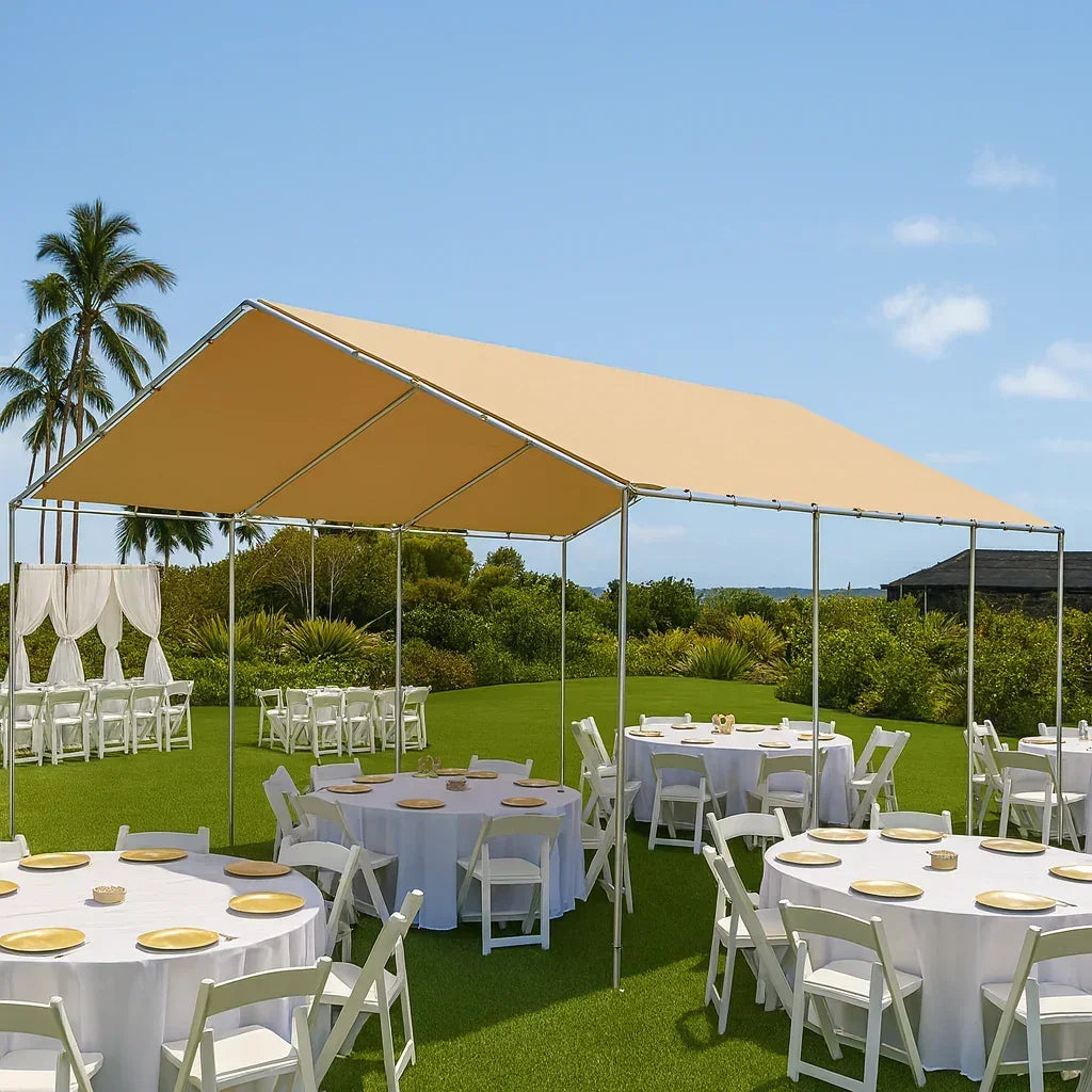 Tan 10' x 20' tarp canopy creating shade for backyard gatherings