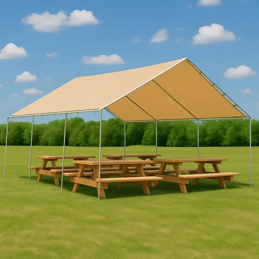 Tan 18' x 20' tarp canopy installed as premium frame covering protection