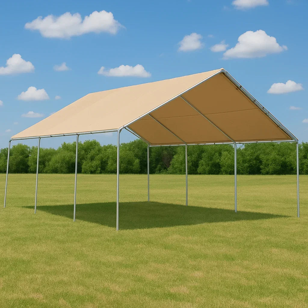 Tan 18' x 20' tarp canopy installed as premium frame covering protections