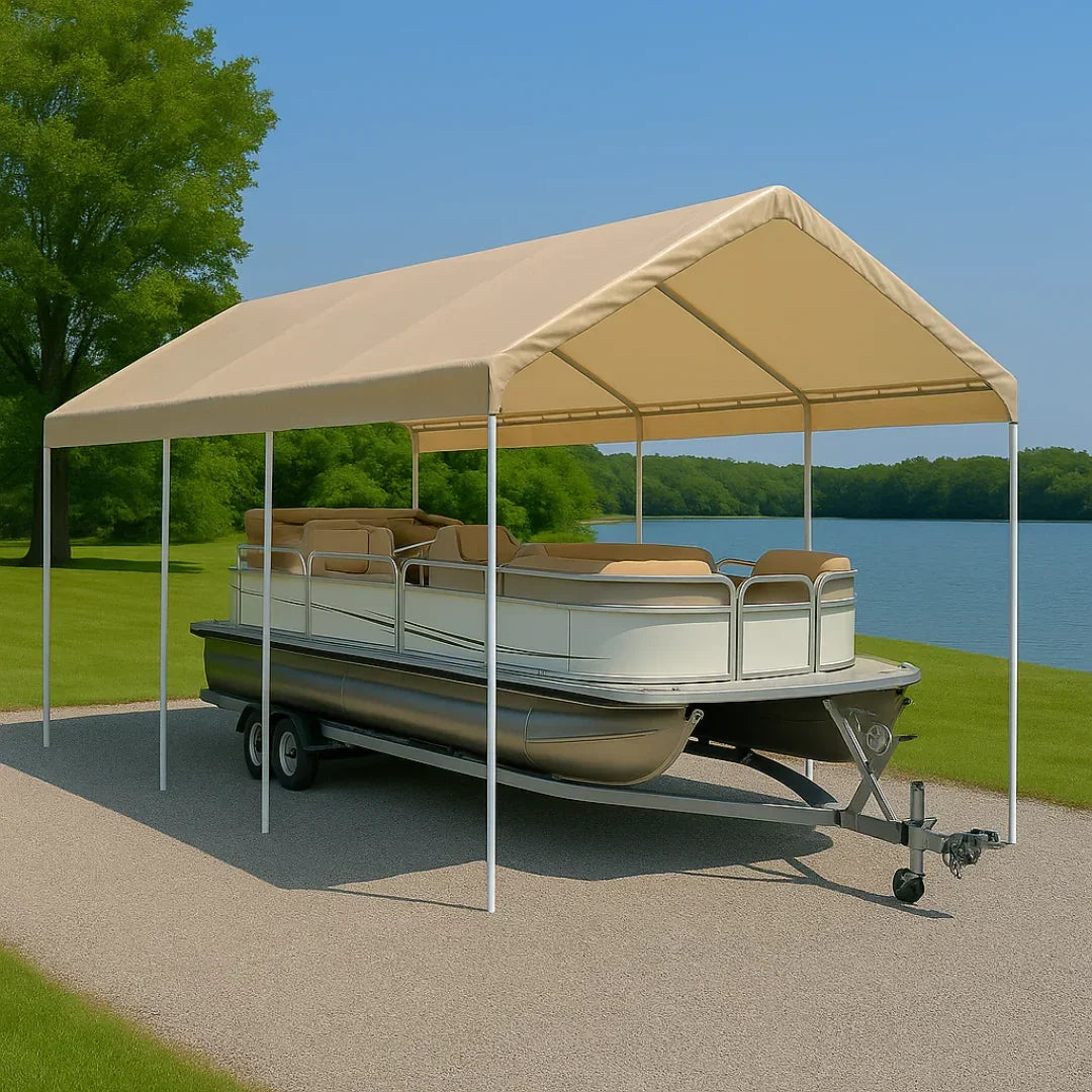 Tan 10' x 20' valance tarp used as a poolside event canopy cover