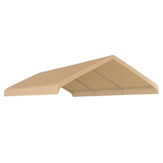 Tan 12' x 16' valance tarp serving as a recreational shelter top