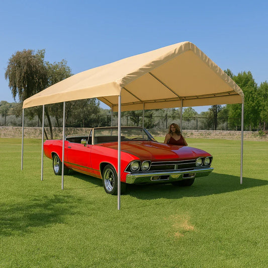Tan 12' x 20' valance tarp installed on an all season frame structure