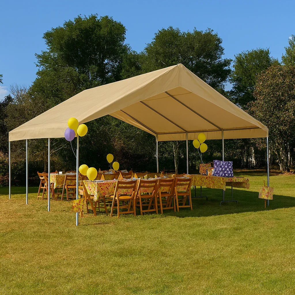 Tan 18' x 20' valance tarp providing coverage for a large outdoor gathering area