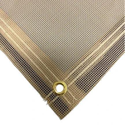 Tan 30' x 40' vinyl mesh tarp with heavy anchor point reinforcement and secure stitching