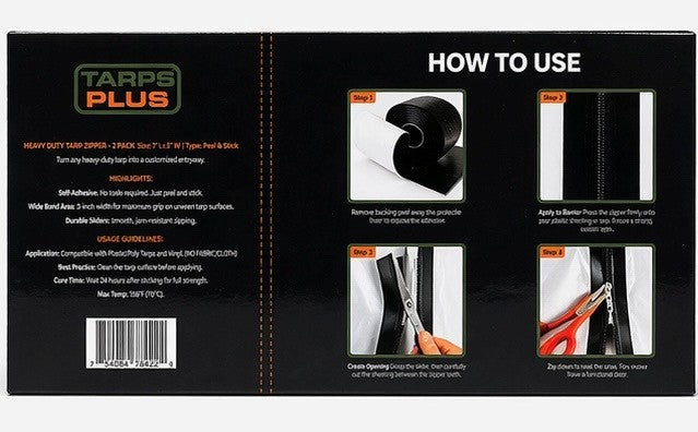 Step by step instructions showing how to install a tarp zipper kit on plastic tarp for creating entry door