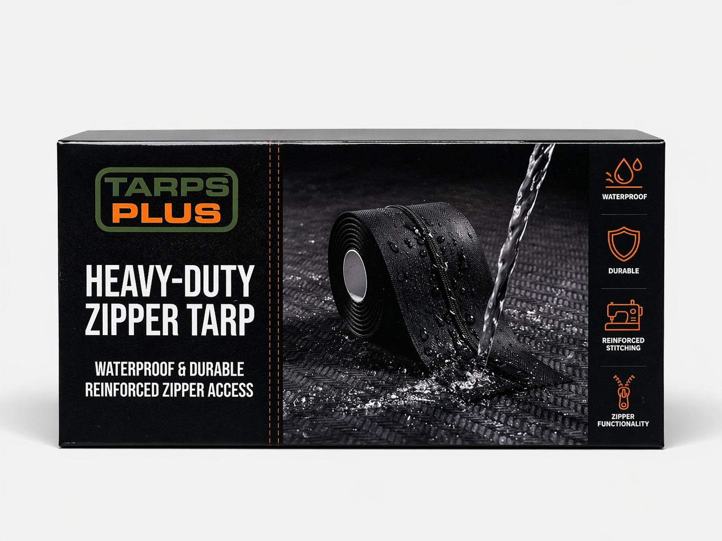 Tarps Plus heavy duty zipper tarp kit packaging showing waterproof reinforced zipper system for tarp entry and containment