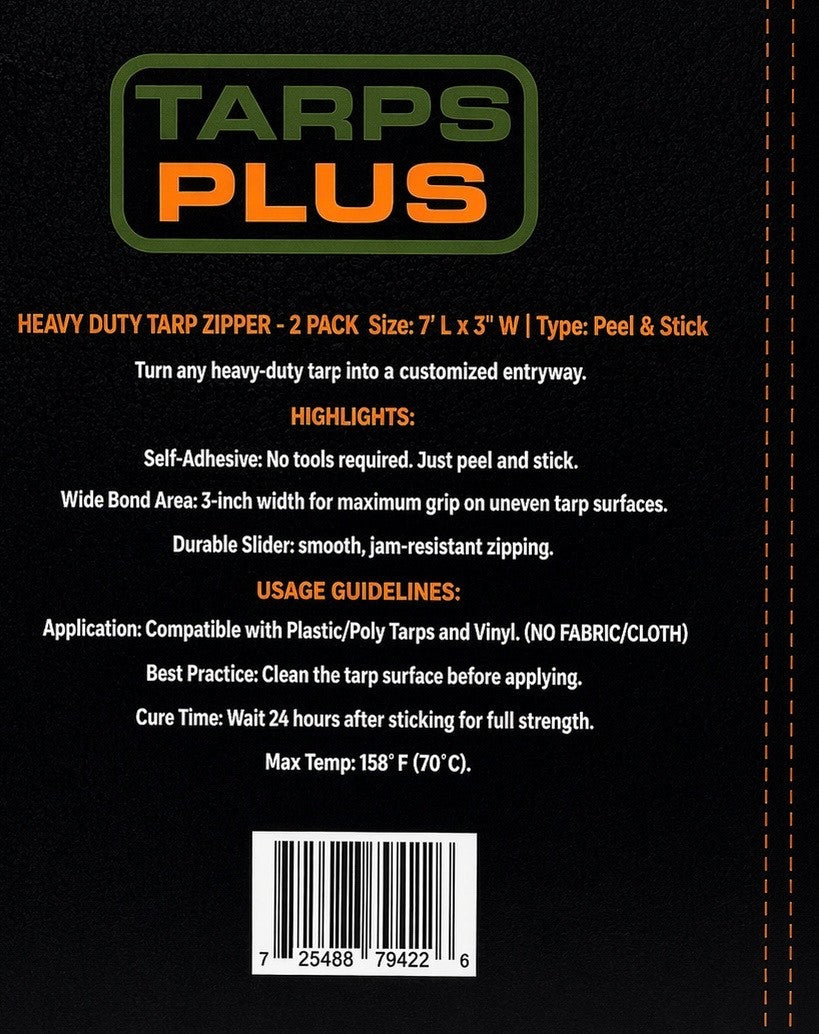 Back of Tarps Plus heavy duty tarp zipper kit packaging showing installation instructions and product details