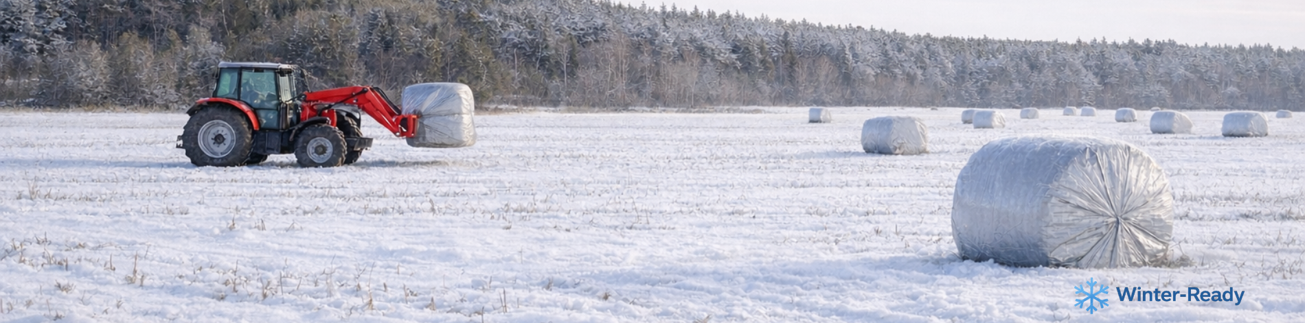 Silver poly tarps covering hay bales in a snowy agricultural field