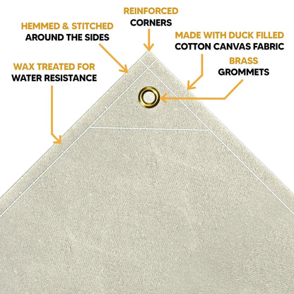 White 10' x 16' canvas tarp with reinforced corners and thick cotton fabric weave