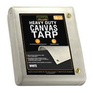 White 20' x 20' canvas tarp folded for compact outdoor storage coverage