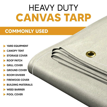 White 5' x 7' canvas tarp featuring brass grommets and reinforced stitched seams