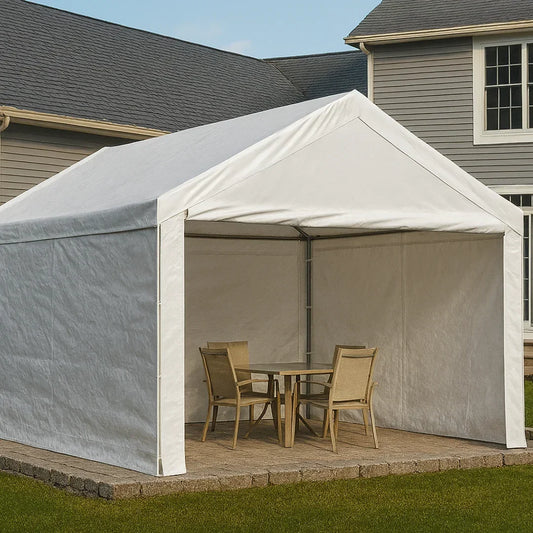 White 10' x 10' enclosed tarp canopy providing backyard dining shelter