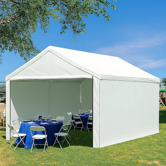 White 10' x 16' enclosed tarp canopy serving as a garden event structure