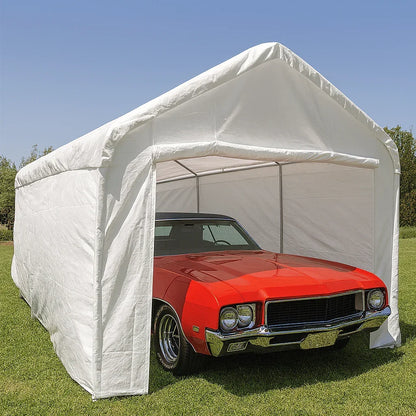 White 10' x 20' enclosed tarp canopy providing residential gathering coverage