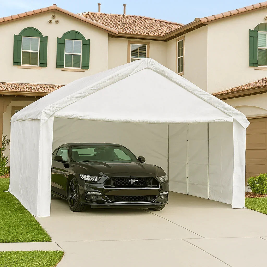 White 18' x 20' enclosed tarp canopy providing large capacity shelter coverage
